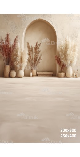 Tło fotograficzne boho z pampasami i beżową wnęką architektoniczną | 3733